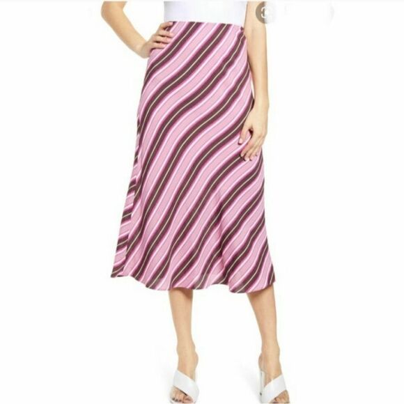Leith Striped Bias Cut Pull On Striped Pink Midi Skirt NWT! - Picture 1 of 4